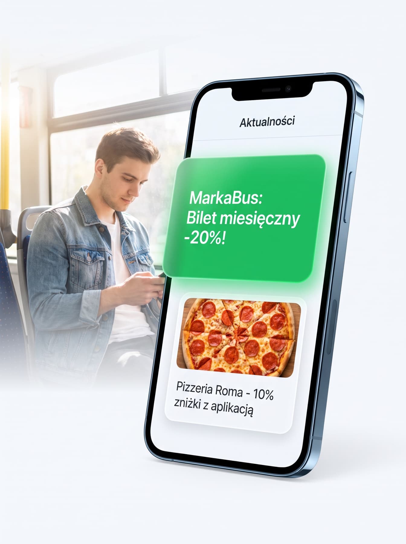 Pasażer w busie ogląda w telefonie feed z ofertą przewoźnika i reklamą lokalnej pizzerii