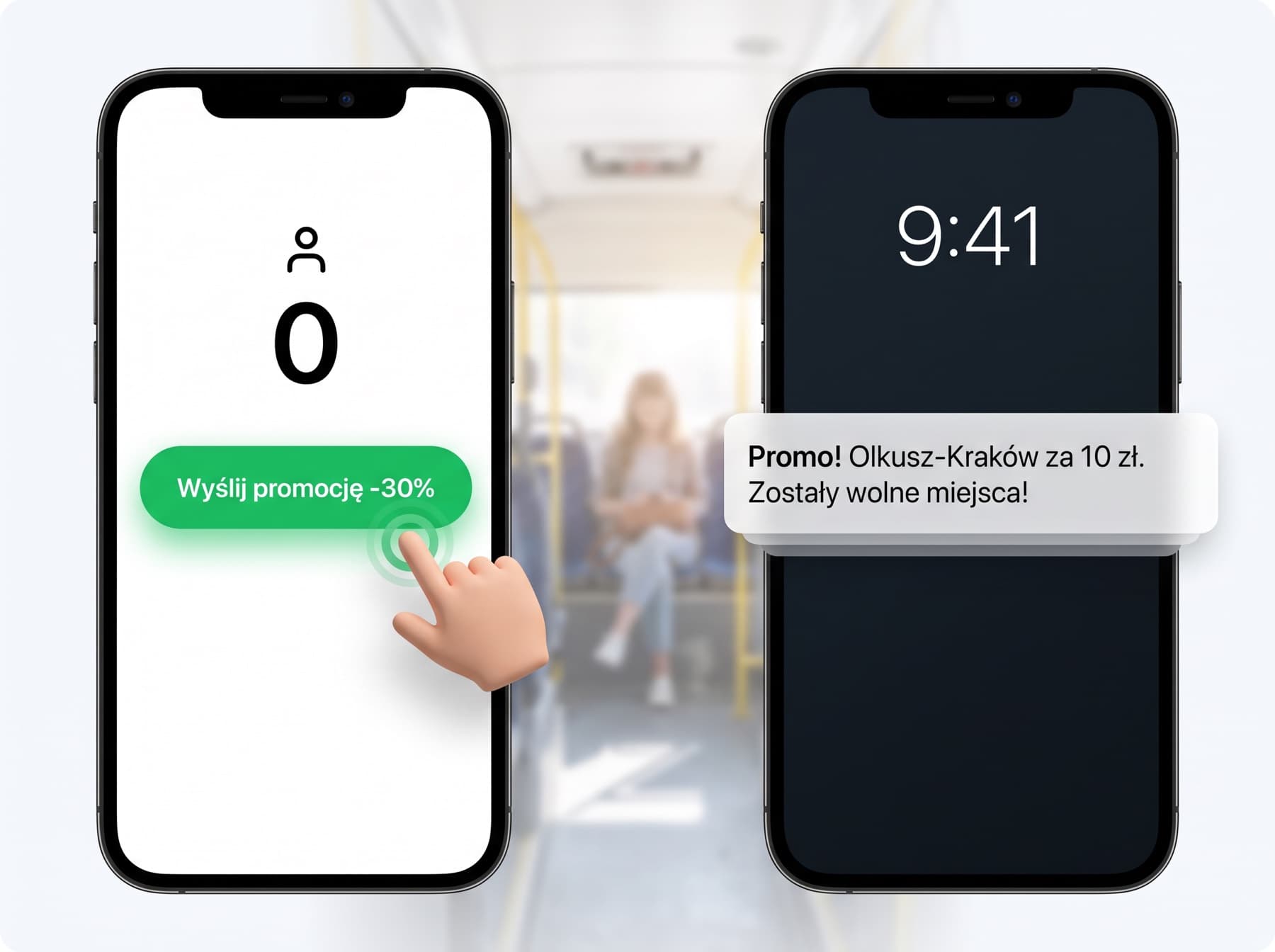 Ekran kierowcy z przyciskiem wysyłki promocji i ekran pasażera z powiadomieniem o zniżce