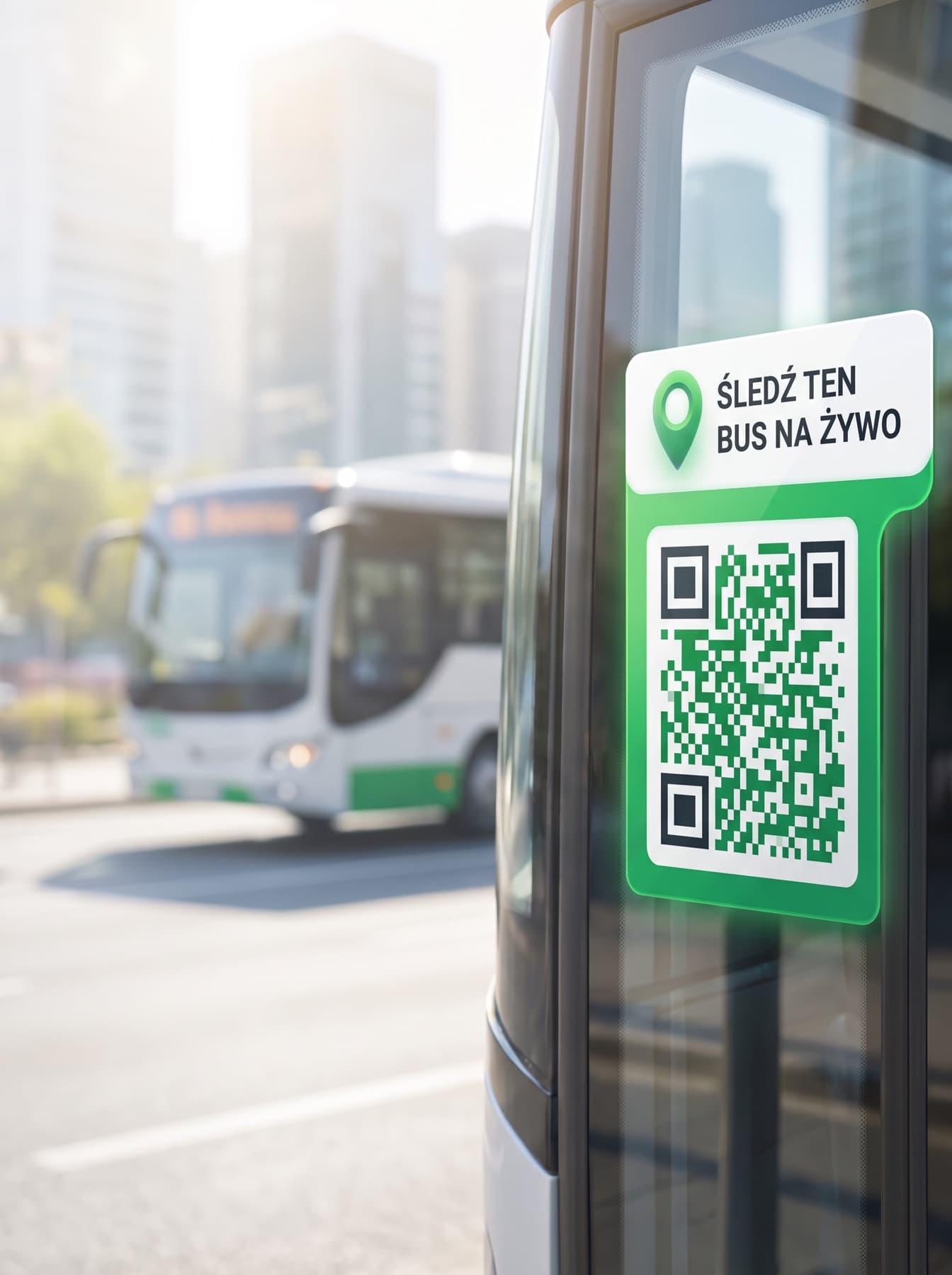 Naklejka z kodem QR i napisem „Śledź ten bus na żywo” na szybie drzwi busa