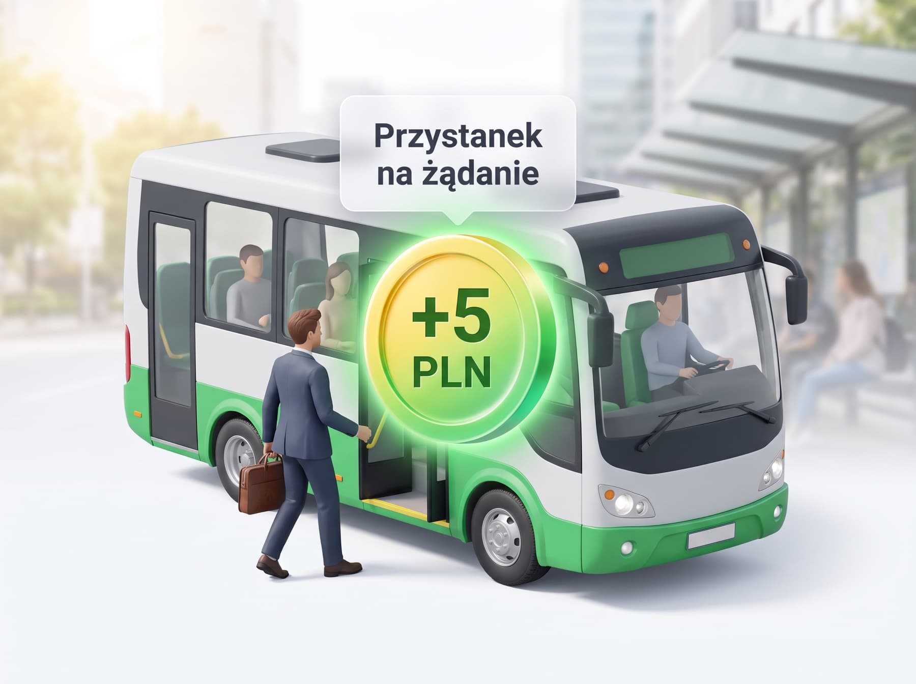 Pasażer wsiada do minibusa, obok moneta z napisem +5 PLN