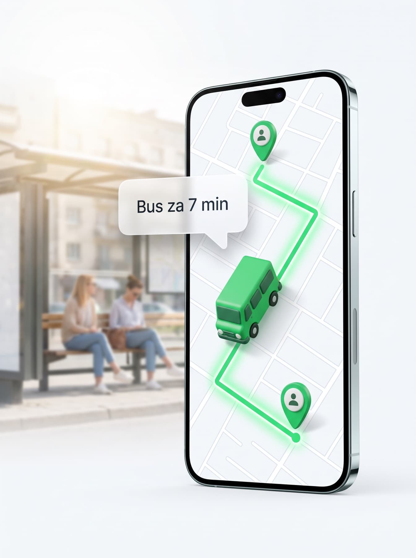 Telefon pasażera z mapą, na której jedzie zielony bus, i dymkiem „Bus za 7 min”
