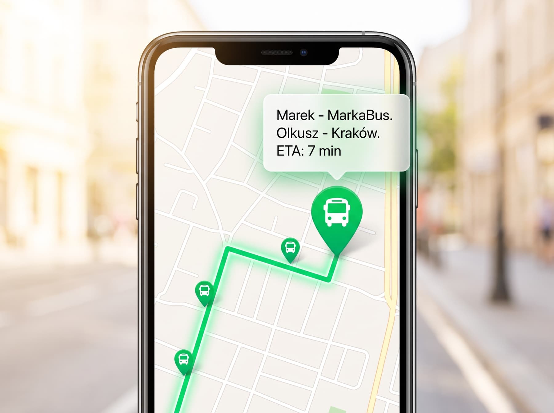 Telefon z mapą, na której widać pozycję busa i kartę z nazwą przewoźnika oraz czasem dojazdu 7 minut