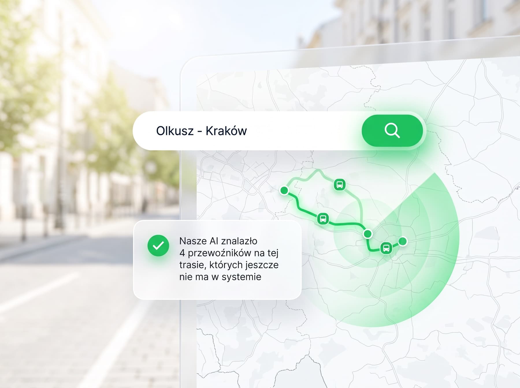 Wyszukiwanie trasy Olkusz Kraków z komunikatem, że AI znalazło czterech przewoźników spoza systemu
