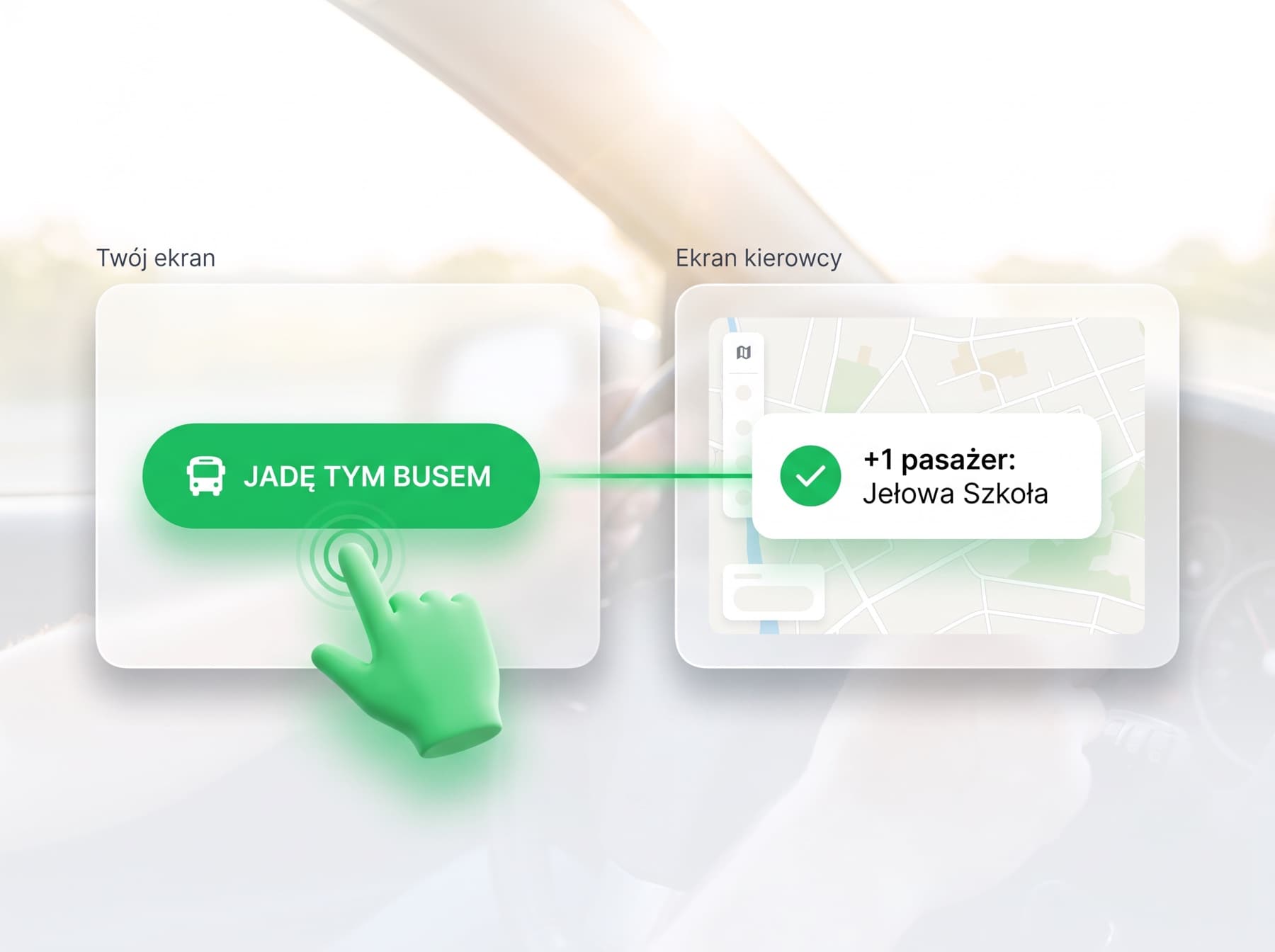 Ekran pasażera z przyciskiem „Jadę tym busem” i ekran kierowcy z informacją o dodatkowym pasażerze